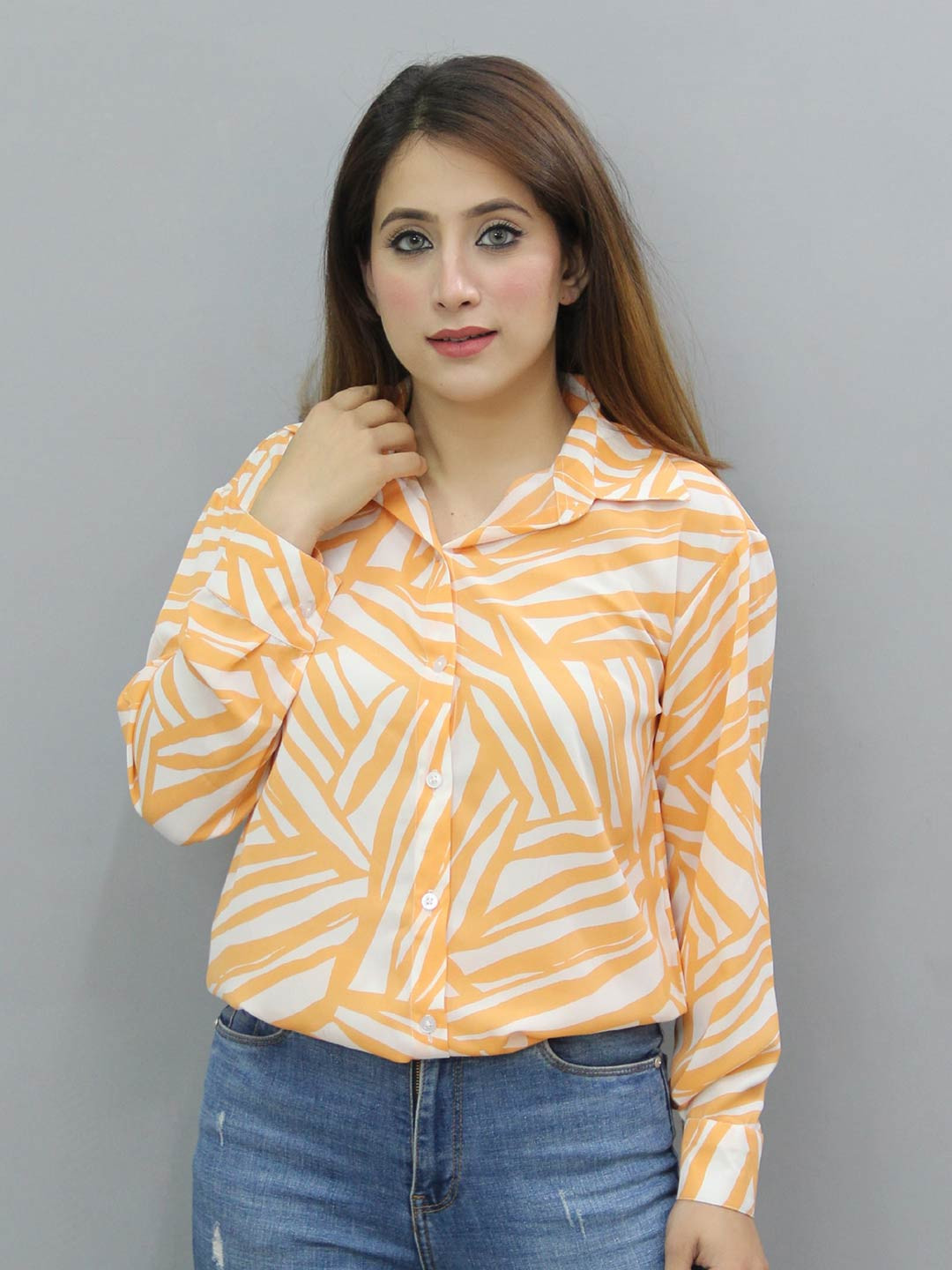 

CRAZEVILLA Smart Semi Sheer Printed Casual Shirt, Orange
