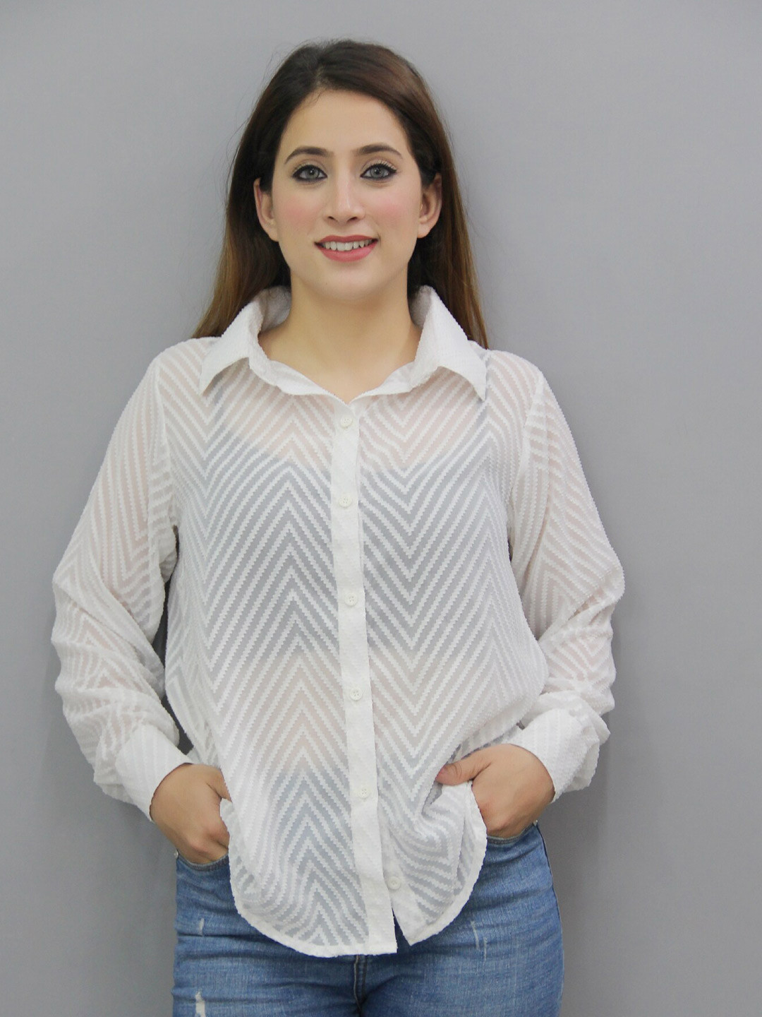 

CRAZEVILLA Smart Sheer Striped Casual Shirt, White