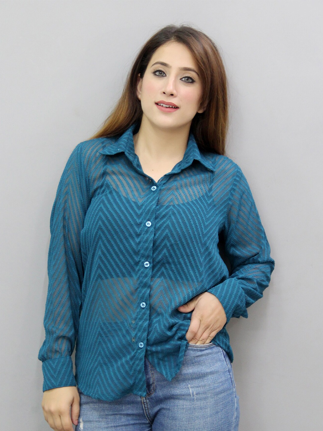 

CRAZEVILLA Smart Sheer Striped Casual Shirt, Blue