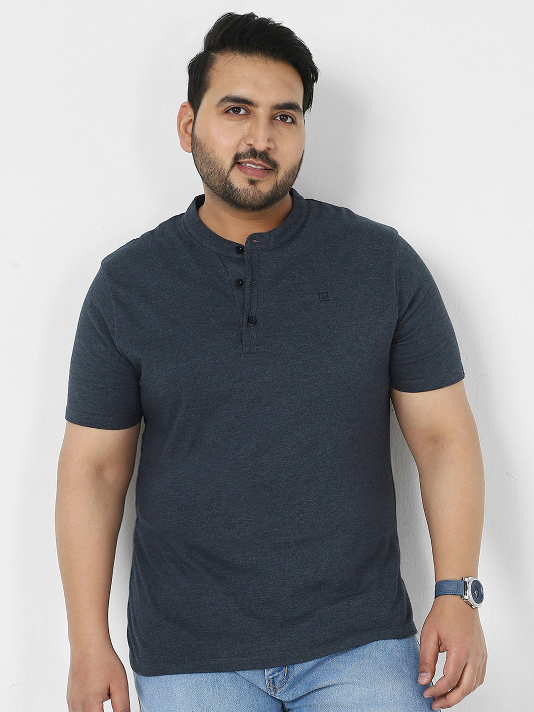 

Urbano Plus Mandarin Collar Pure Cotton T-shirt, Navy blue
