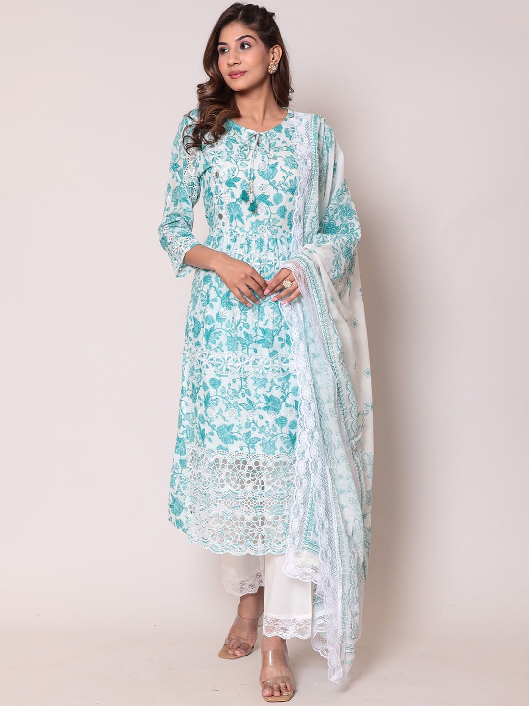 

ZARI Floral Printed Regular A-Line Kurta With Trousers & Dupatta, Green