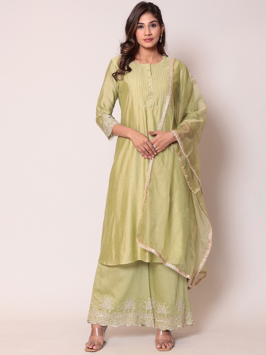 

ZARI Embroidered Gota Patti A-Line Kurta with Palazzos And Dupatta, Gold