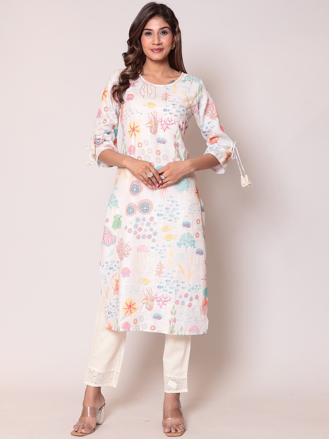 

ZARI Floral Printed Sequinned Linen Straight Kurta With Trousers, White