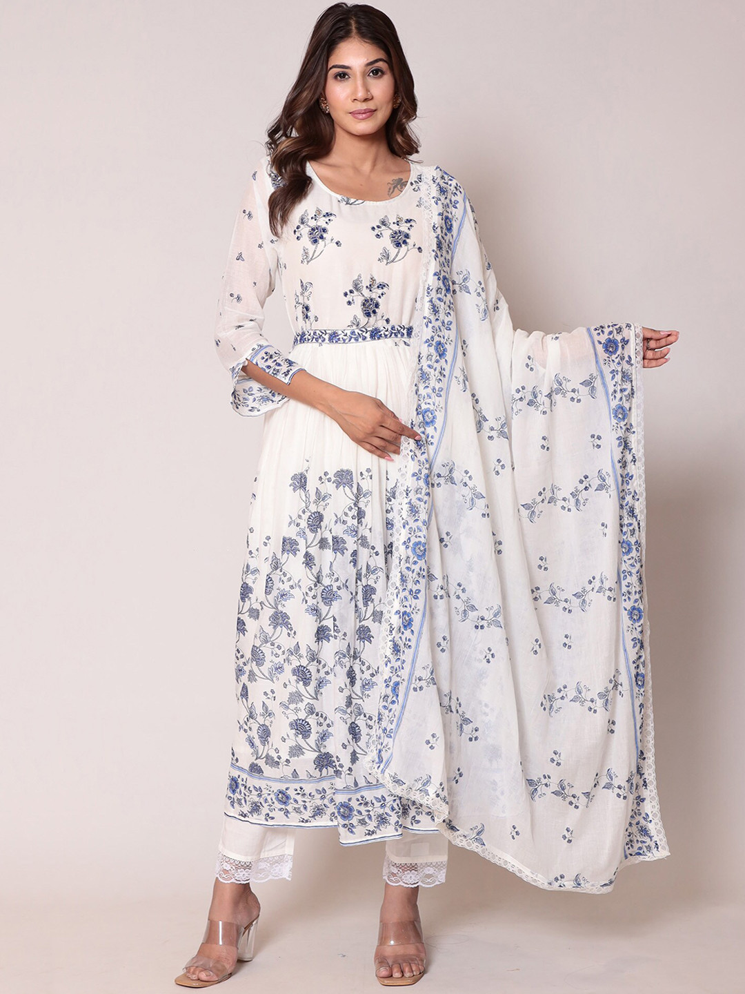 

ZARI Floral Printed Empire Kurta With Trousers & Dupatta, White