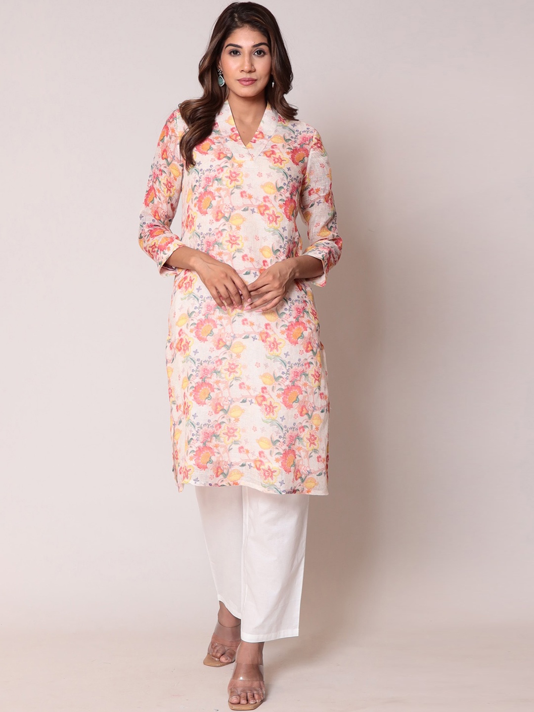 

ZARI Floral Printed V-Neck Linen Kurta With Trousers, Cream