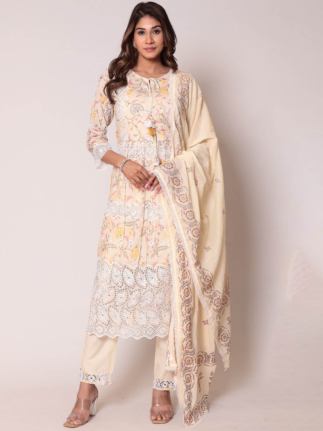 

ZARI Floral Printed Pure Cotton Kurta with Trousers & Dupatta, Cream