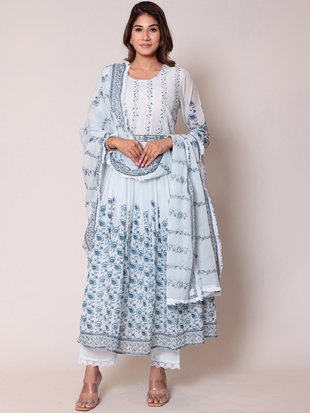 

ZARI Floral Printed A-Line Kurta With Trousers And Dupatta, Blue