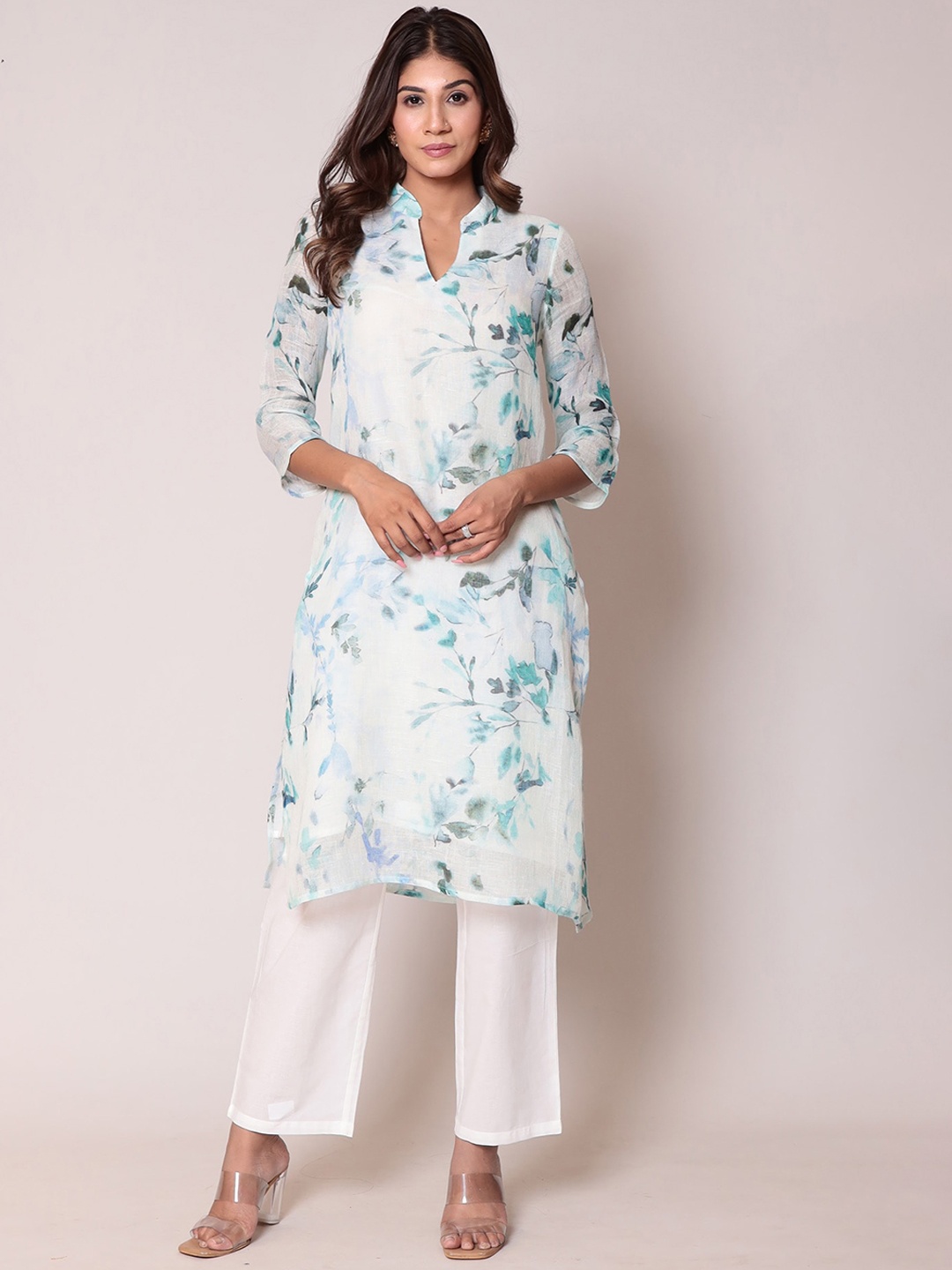 

ZARI Floral Printed Regular Linen Kurta With Trousers, White
