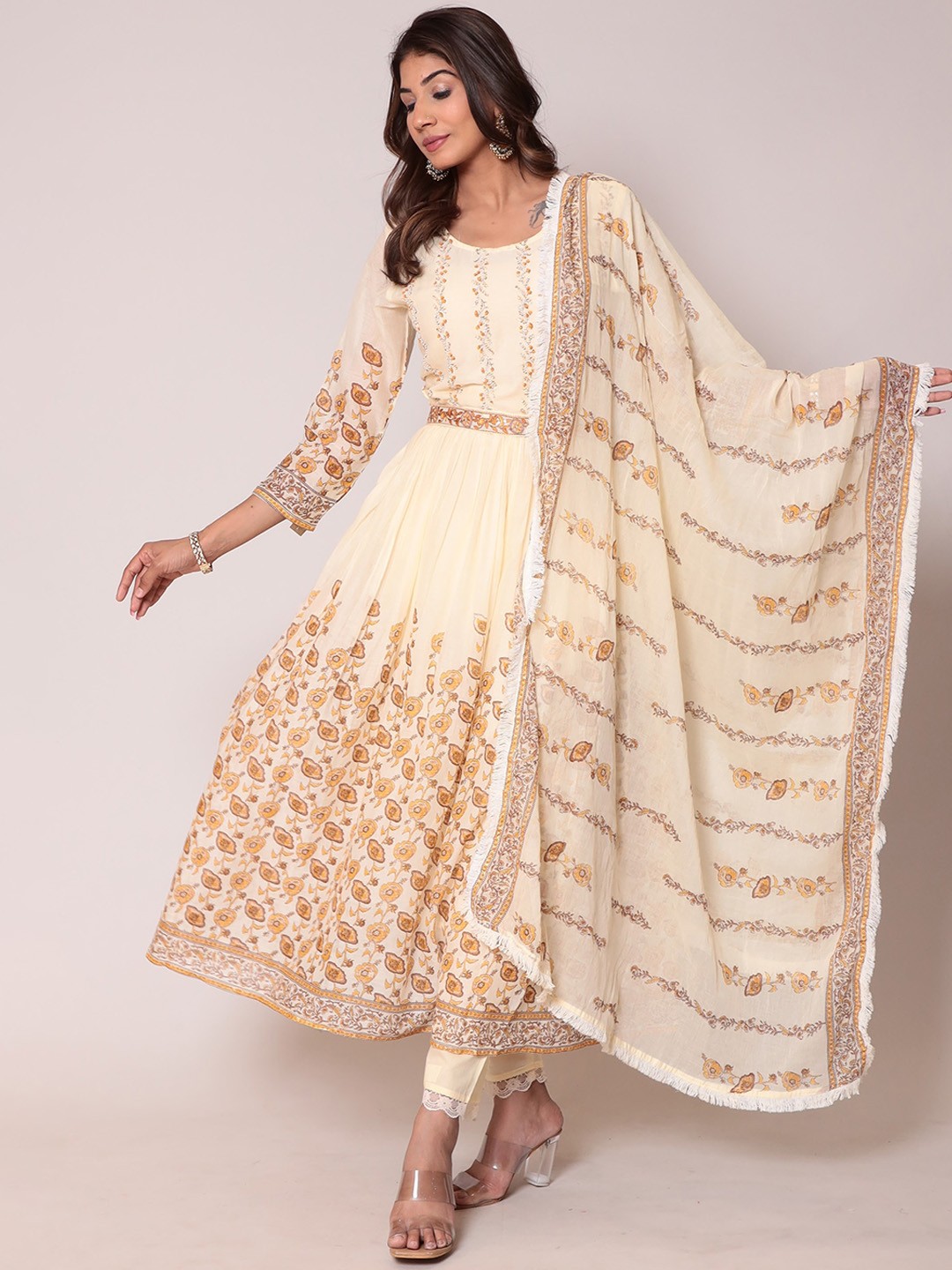

ZARI Women Floral Printed Anarkali Kurta with Trousers and Dupatta, Off white