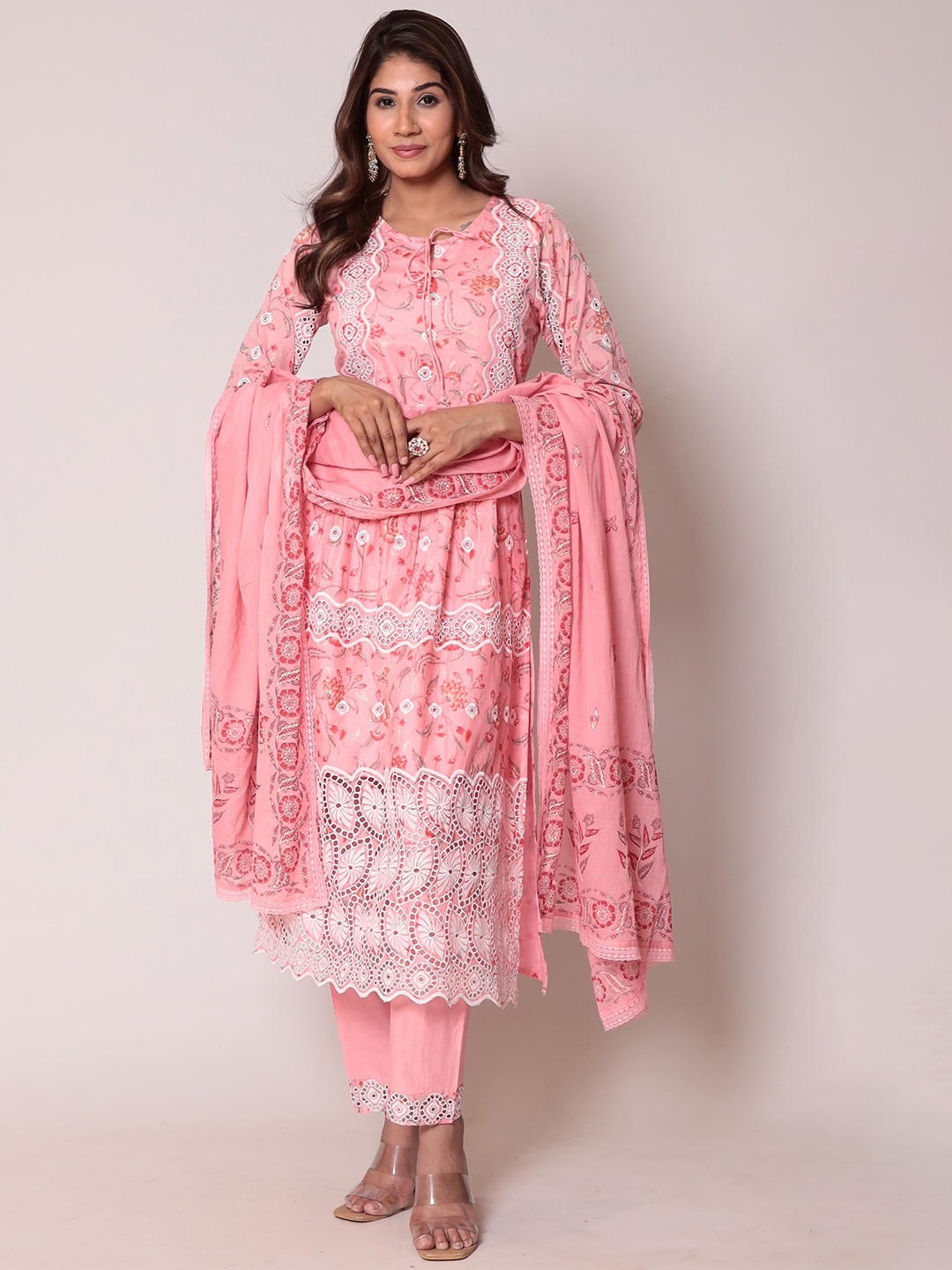 

ZARI Floral Printed Tie-Up Neck Pure Cotton Kurta & Trousers With Dupatta, Pink
