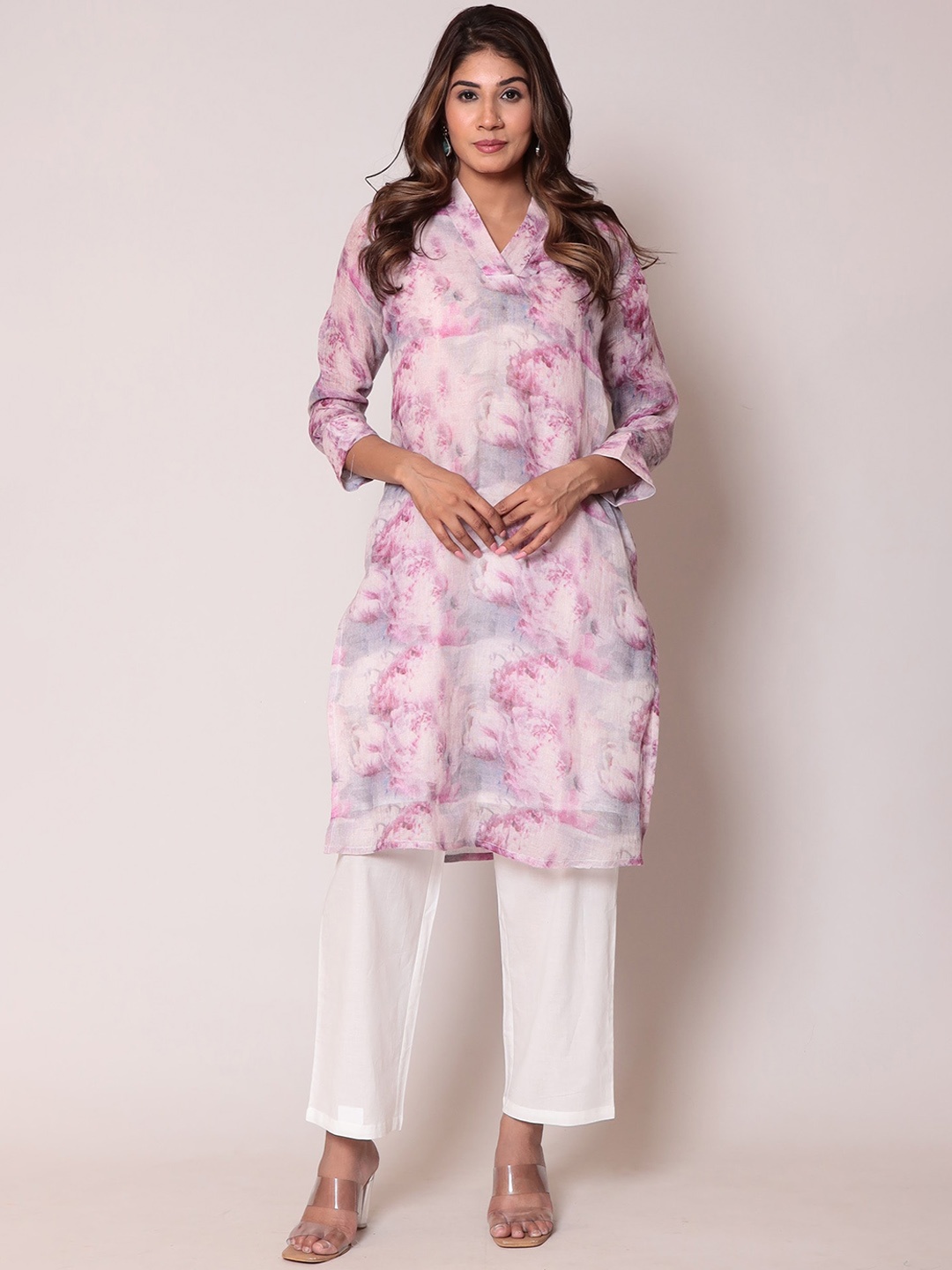 

ZARI Floral Printed V-Neck Linen Kurta with Trousers, Purple
