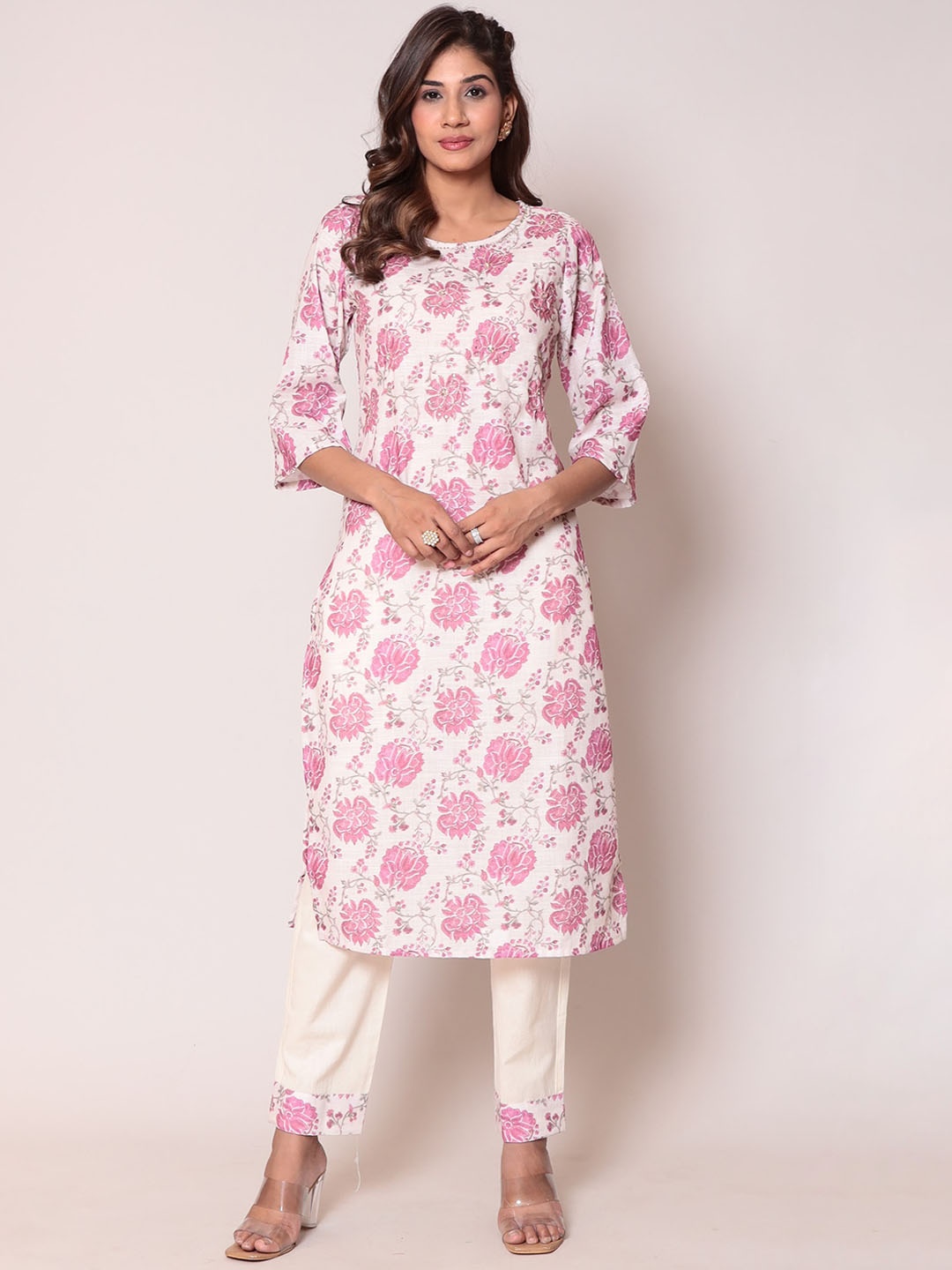 

ZARI Floral Printed Regular Sequinned Linen Kurta With Trousers, Cream