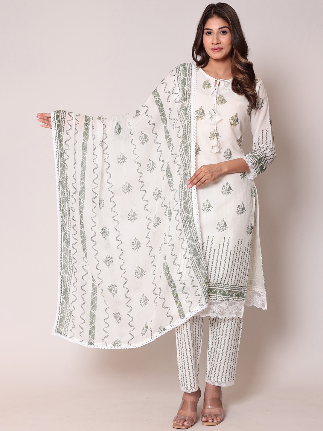 

ZARI Tie Up Neck Floral Printed Thread Work Regular Kurta with Trousers, White
