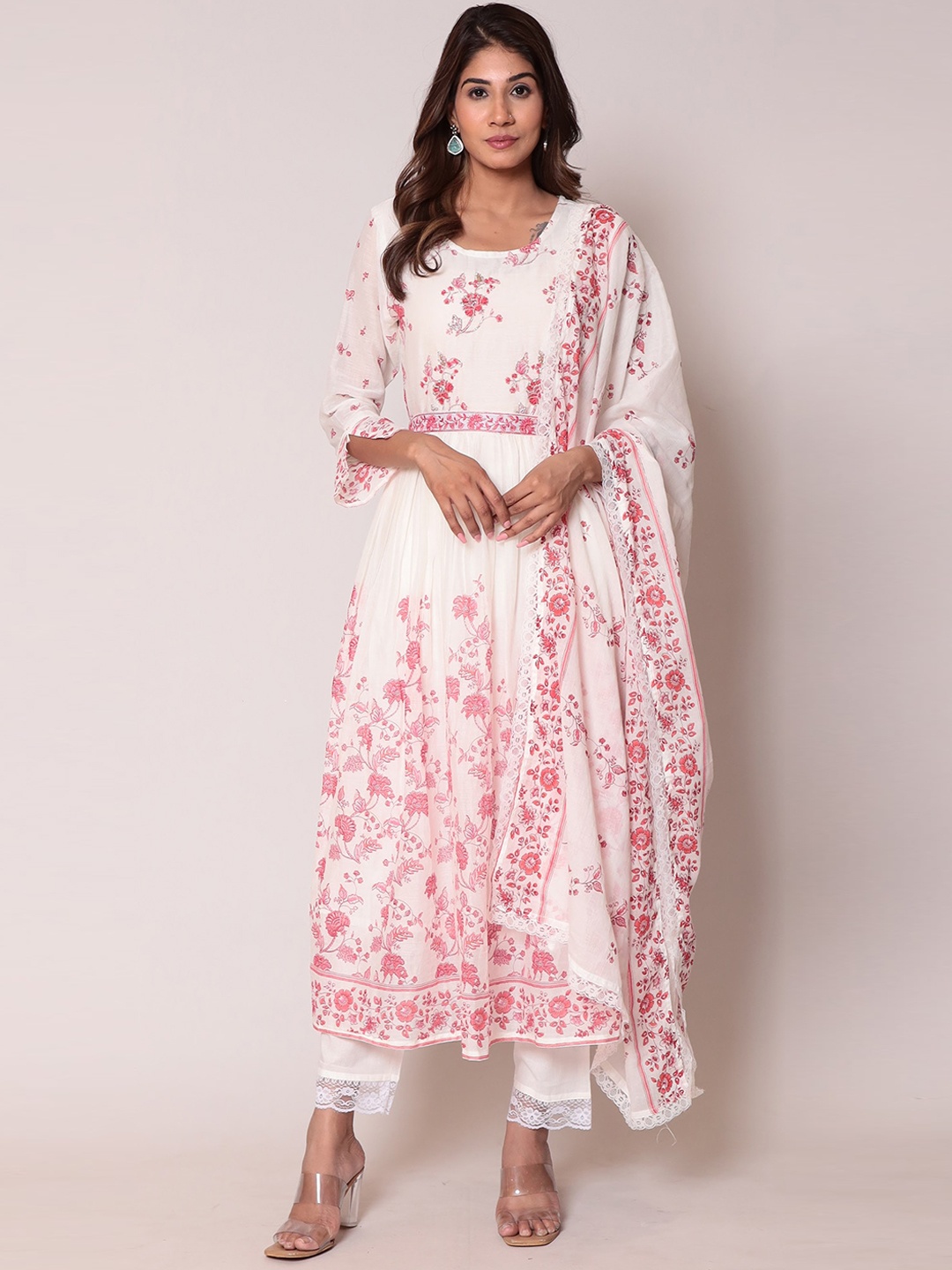 

ZARI Floral Embroidered Sequined Anarkali Kurta With Trousers, White