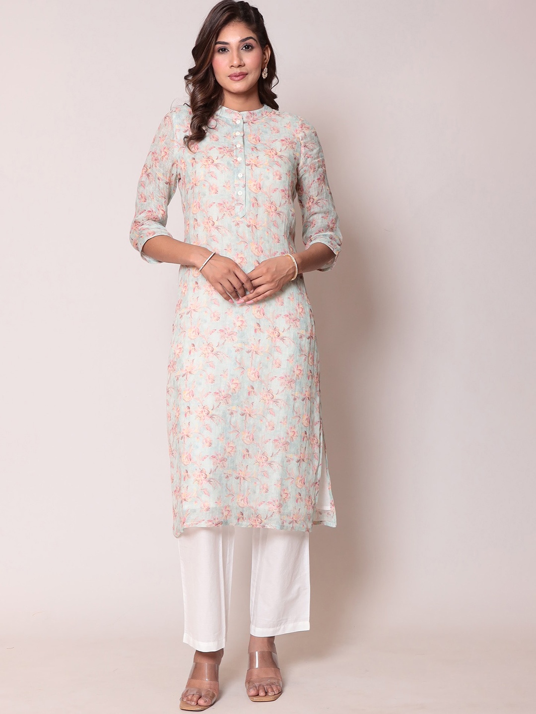 

ZARI Floral Printed Regular Straight Linen Kurta With Trousers, Green