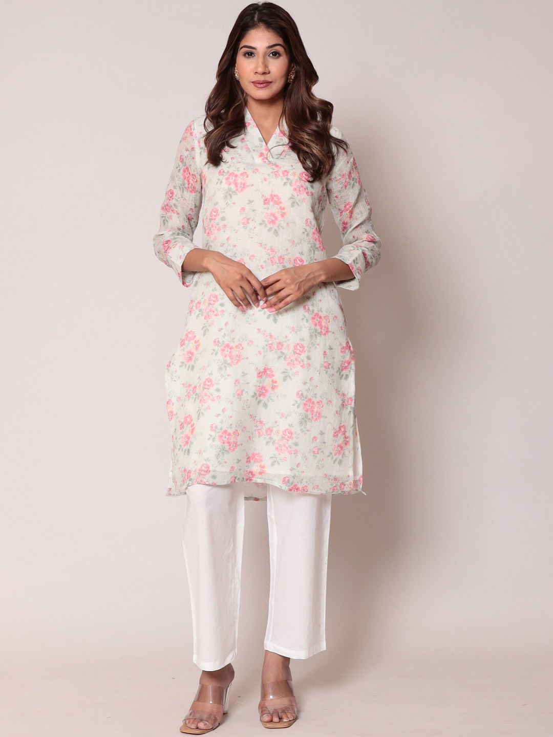 

ZARI Floral Printed Regular Linen Kurta with Trousers, Green