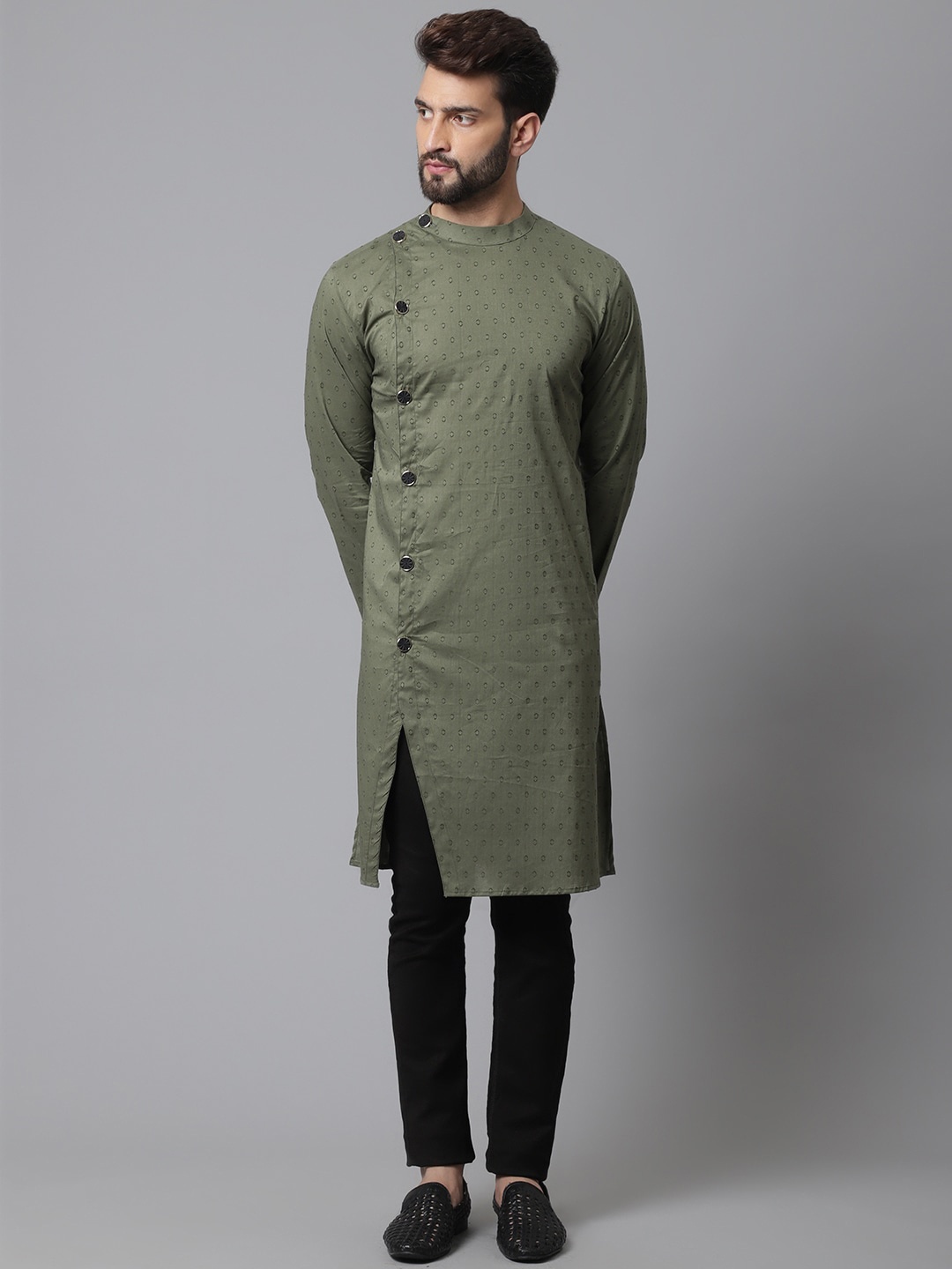 

even Geometric Printed High Neck Asymetrical Cut Cotton Kurta, Green