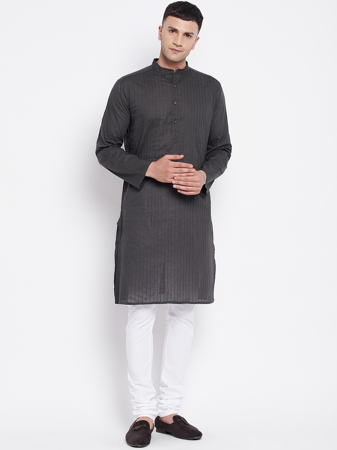 

even Men Striped Band Collar Cotton Kurta, Grey