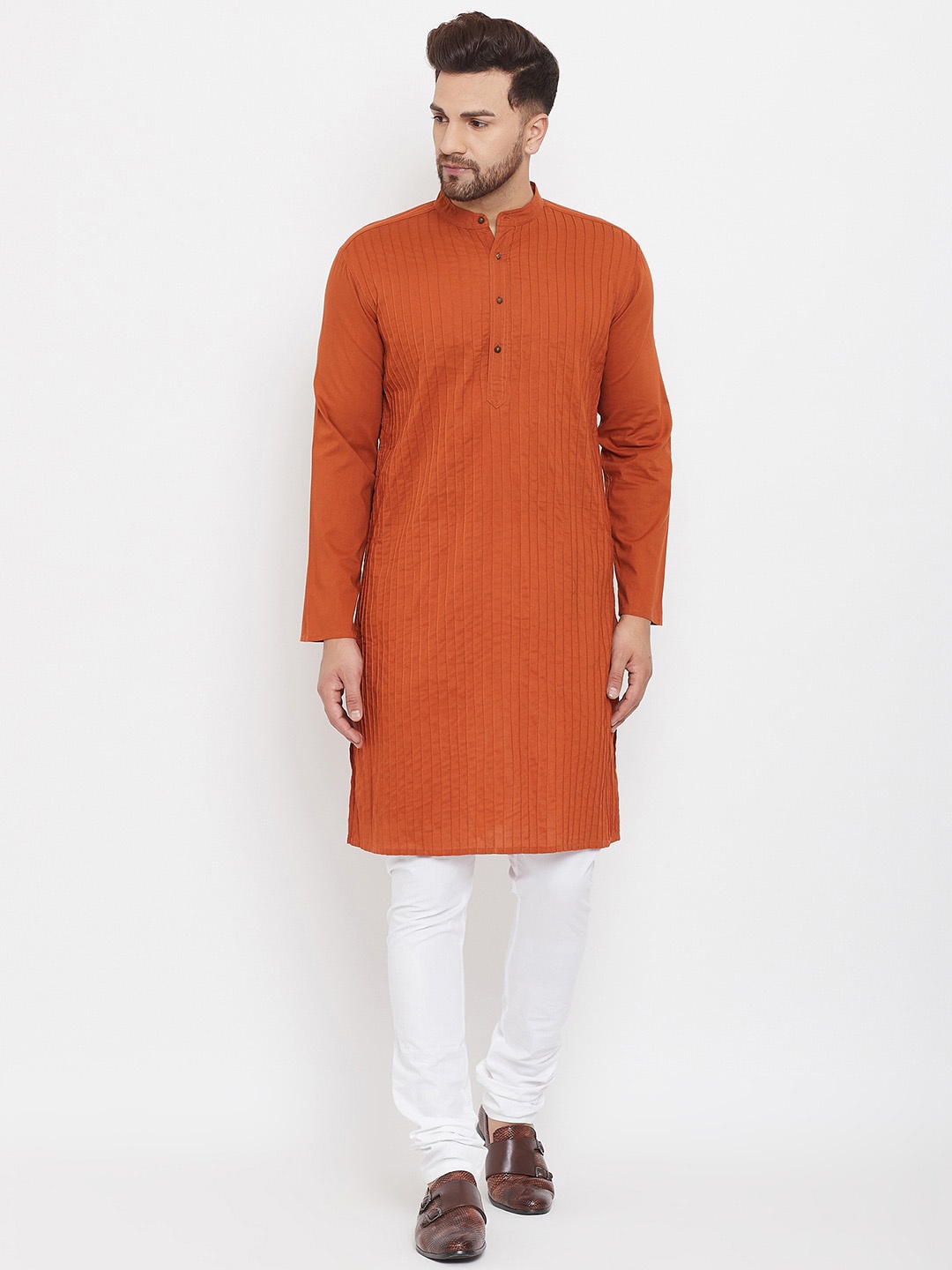 

even Striped Band Collar Thread Work Kurta, Rust
