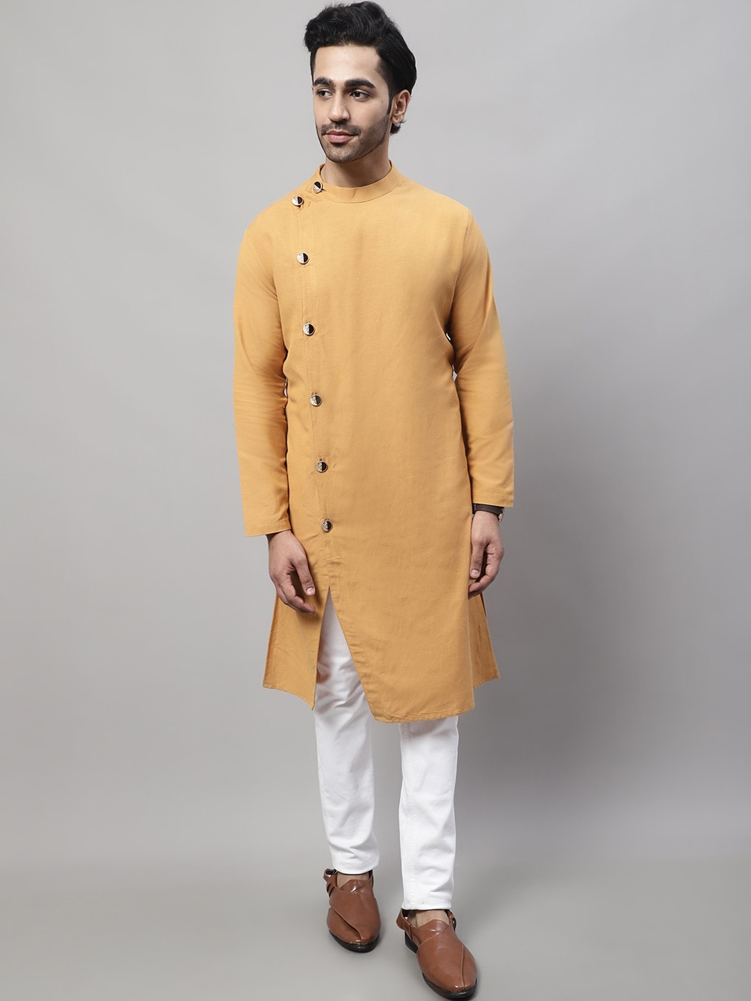 

even Angrakha Band Collar Asymmetrical Cut Kurta, Mustard