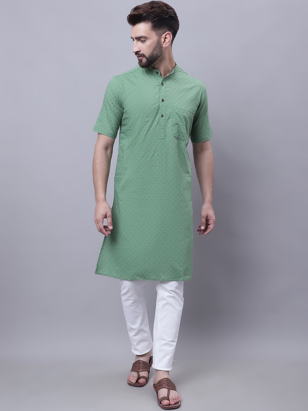 

even Self-Design Pure Cotton Short Sleeves Kurta With Band Collar, Green