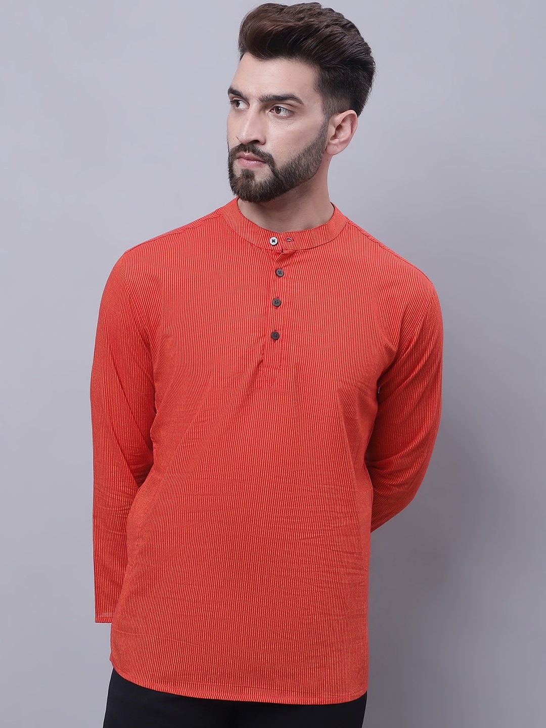 

even Band Collar Pure Cotton Short Kurta, Orange