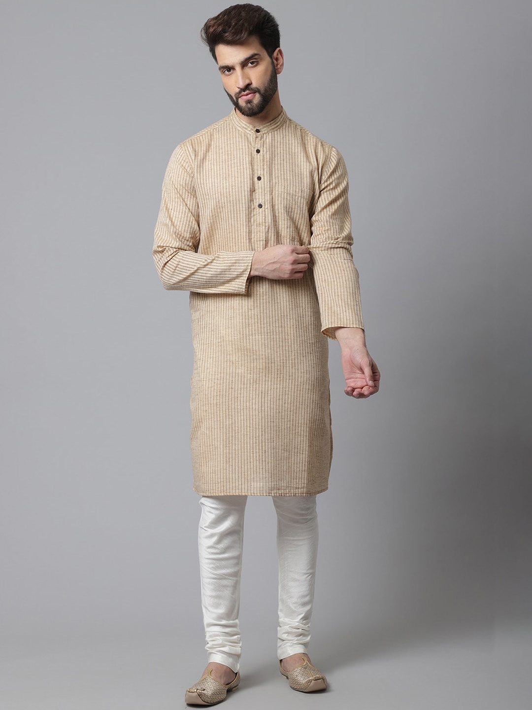

even Striped Band Collar Long Sleeves Pure Cotton Kurta, Beige