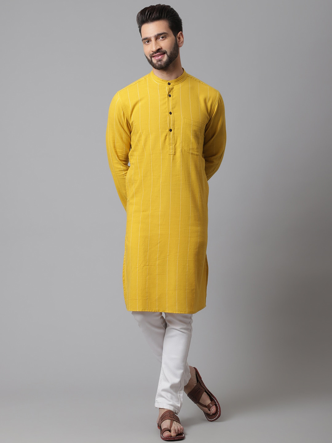 

even Band Collar Long Sleeves Pure Cotton Kurta, Yellow