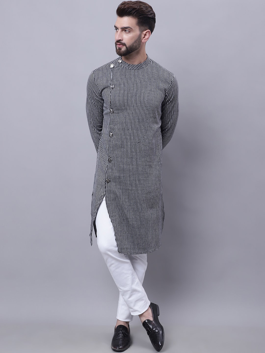 

even Striped Band Collar Long Sleeves Pure Cotton Kurta, Black