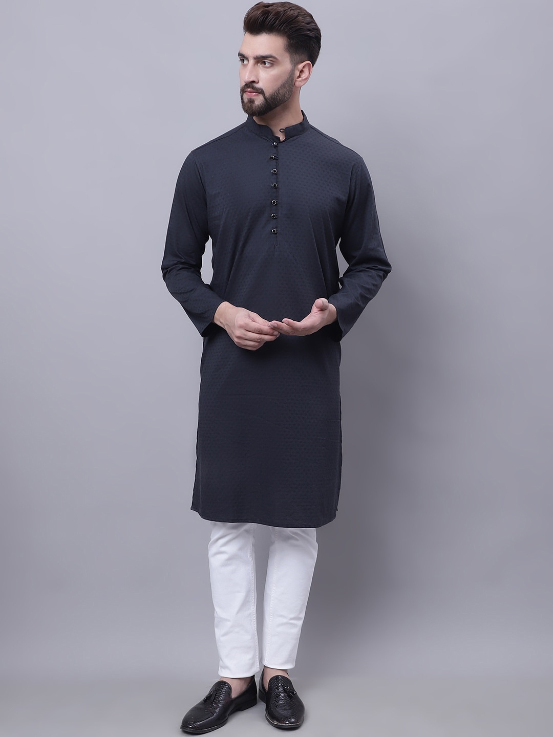 

even Band Collar Long Sleeves Pure Cotton Kurta, Black