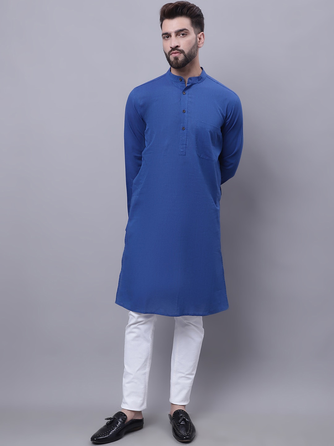 

even Band Collar Long Sleeves Pure Cotton Kurta, Blue
