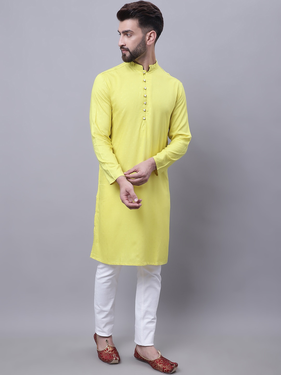 

even Band Collar Long Sleeves Pure Cotton Kurta, Yellow