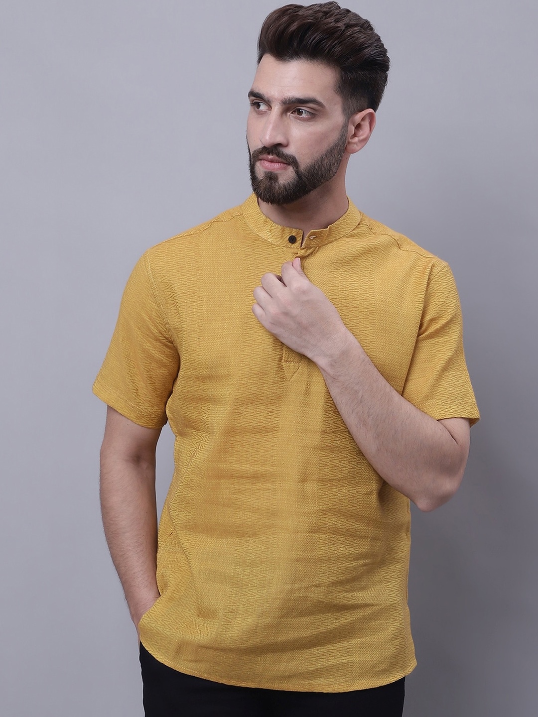 

even Mandarin Collar Cotton Short Kurta, Yellow