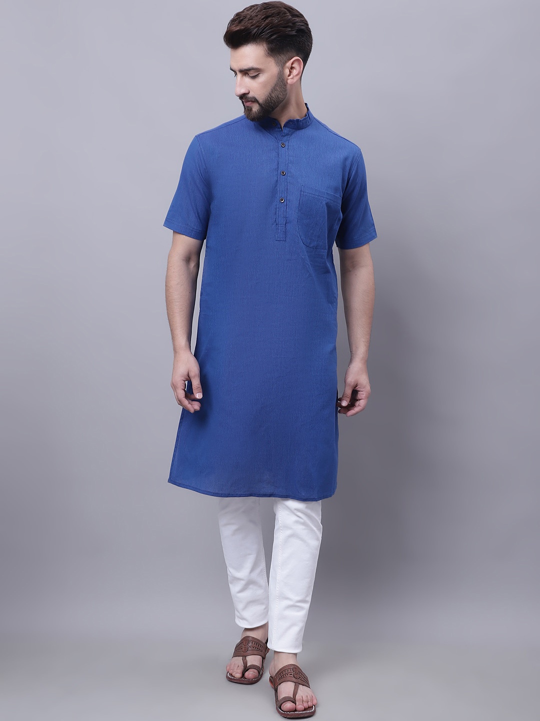 

even Mandarin Collar Cotton Kurta, Blue