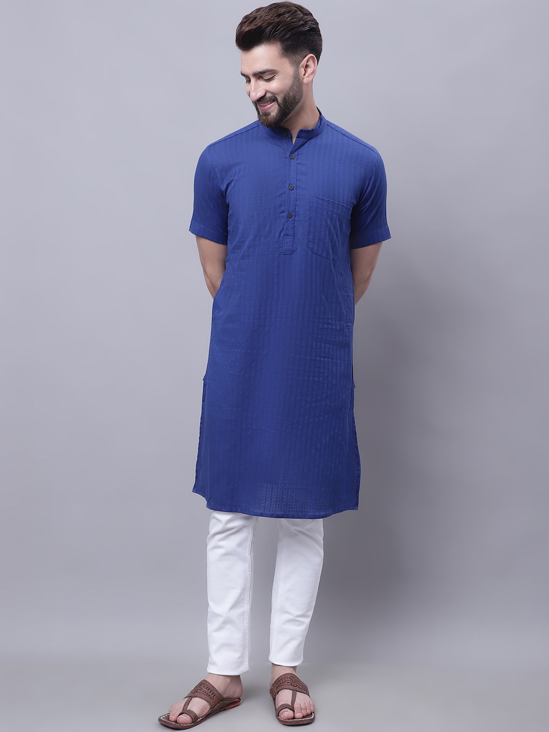 

even Mandarin Collar Cotton Kurta, Blue