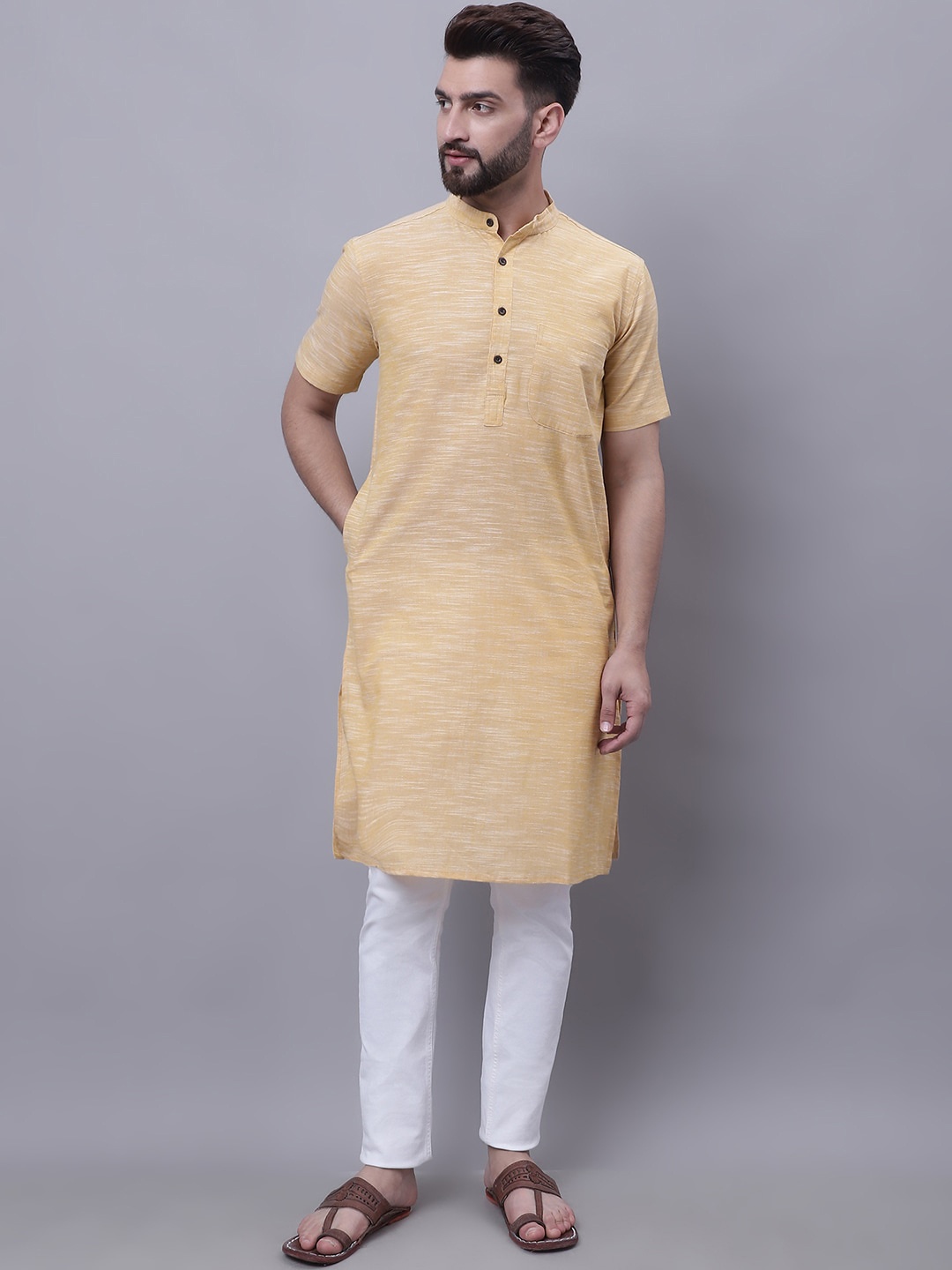 

even Mandarin Collar Pure Cotton Straight Kurta, Yellow