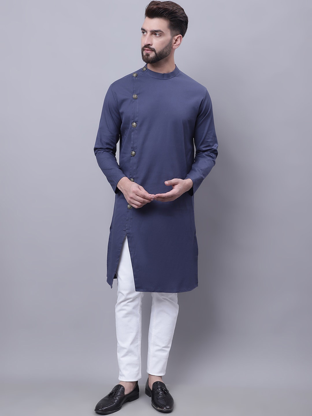 

even High Neck Asymmetrical Cut Angrakha Cotton Kurta, Grey