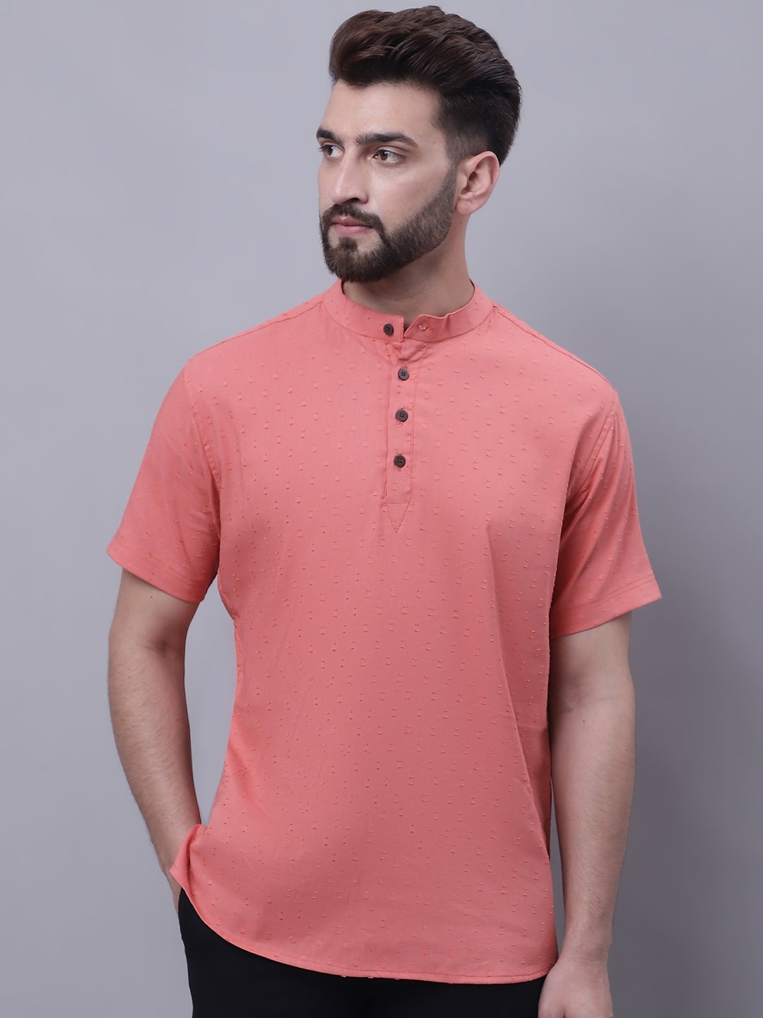 

even Band Collar Cotton Kurta, Peach