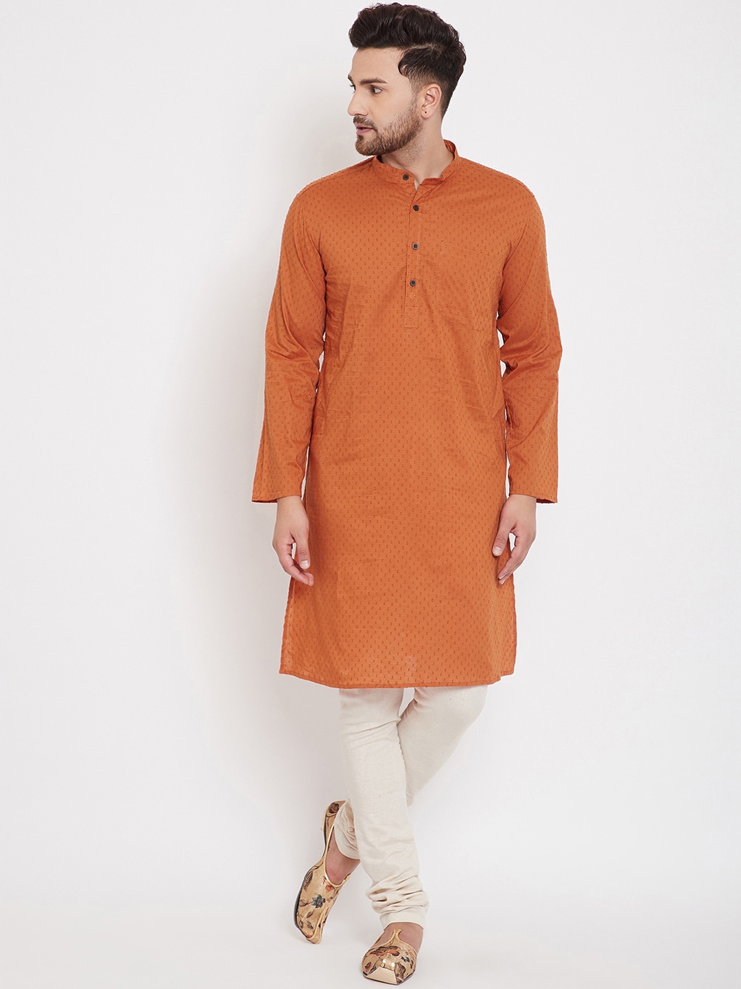 

even Band Collar Long Sleeve Cotton Kurta, Orange