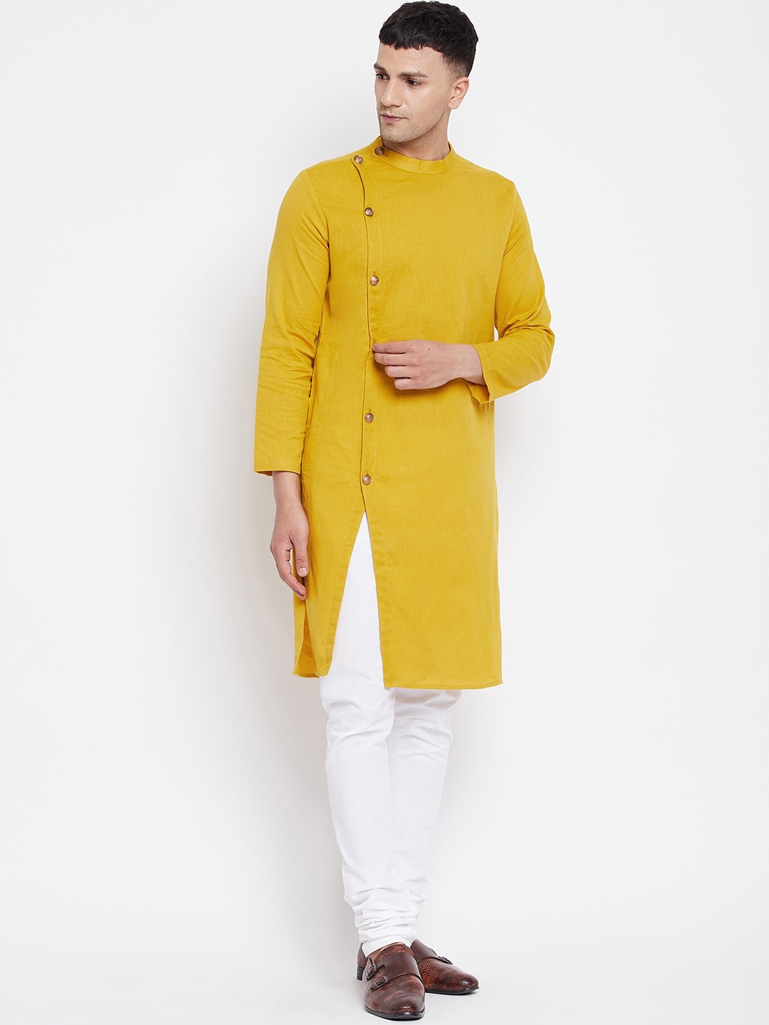 

even Long Sleeves Front Slit Straight Angrakha Kurta, Yellow