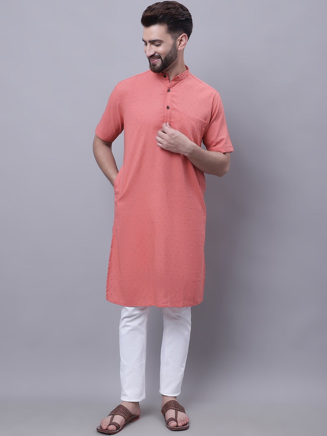 

even Woven Design Mandarin Collar Pure Cotton Kurta, Peach