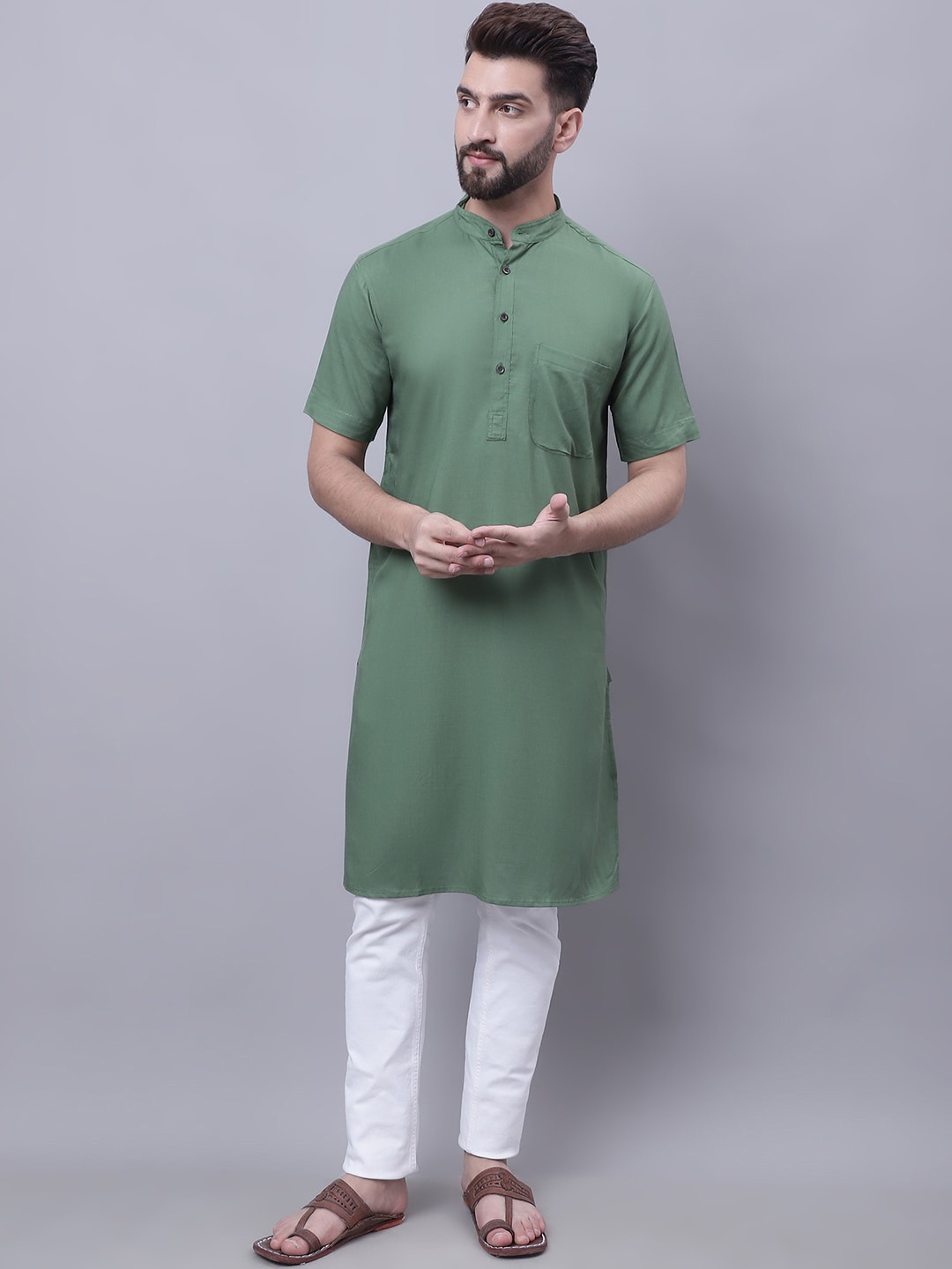 

even Mandarin Collar Pure Cotton Kurta, Green