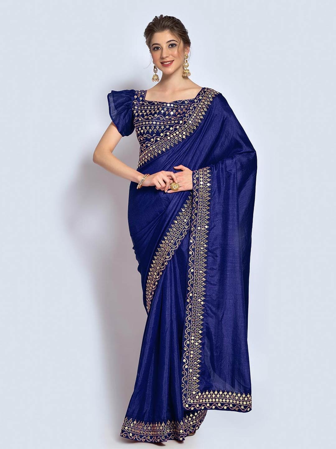 

Mitera Navy Blue Embroidered Sequinned Saree