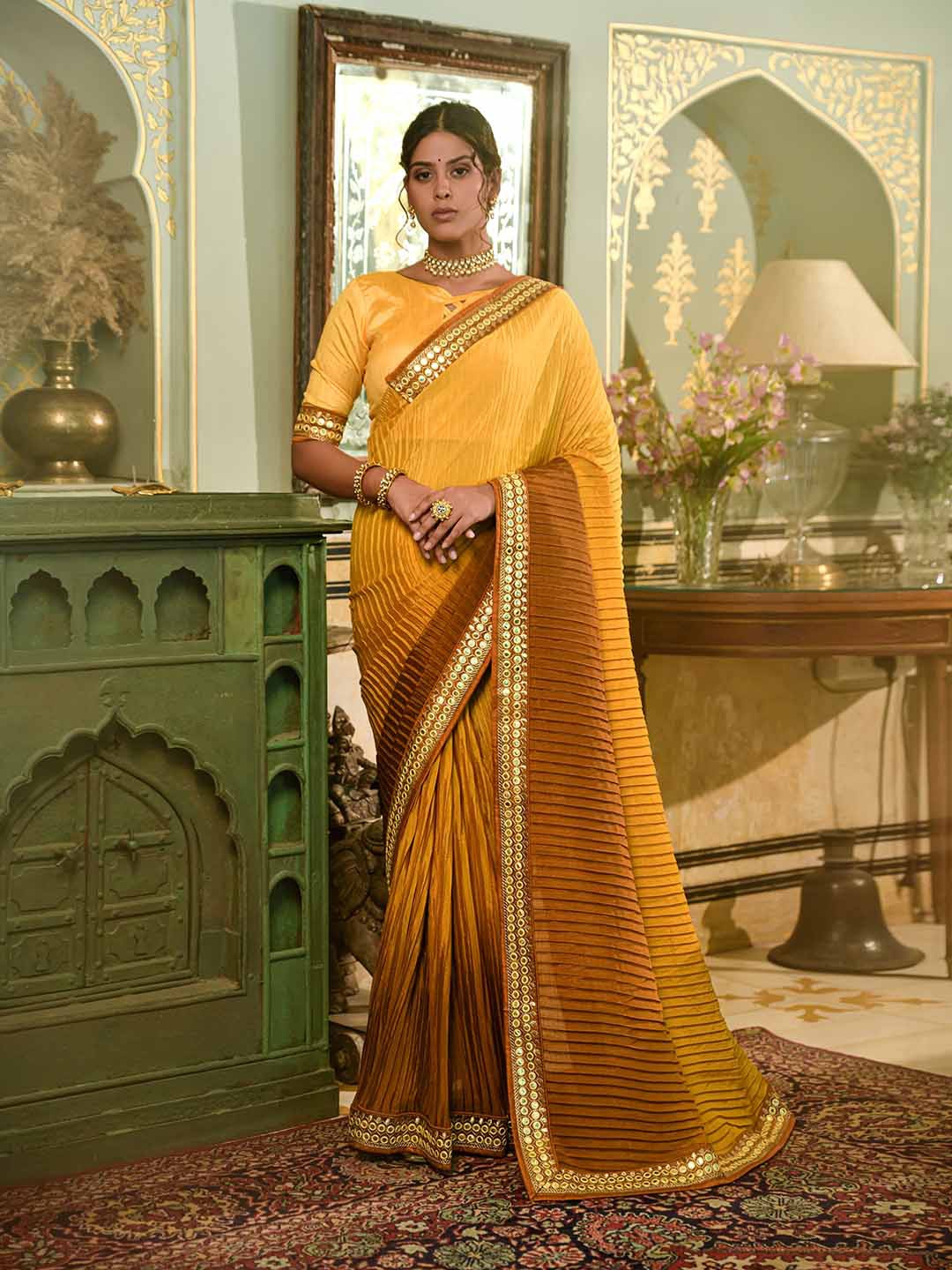 Mitera Mustard Yellow Mirror Work Saree