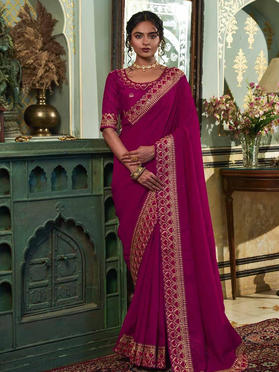 

Mitera Pink Embroidered Art Silk Saree