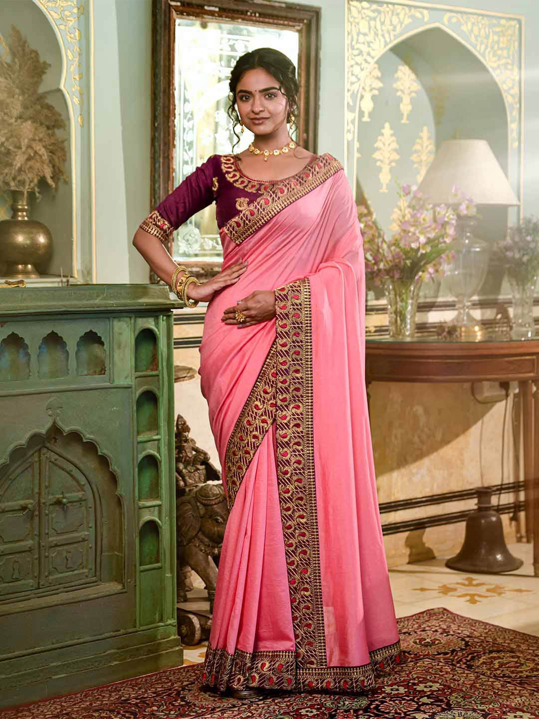 

Mitera Pink Embroidered Saree