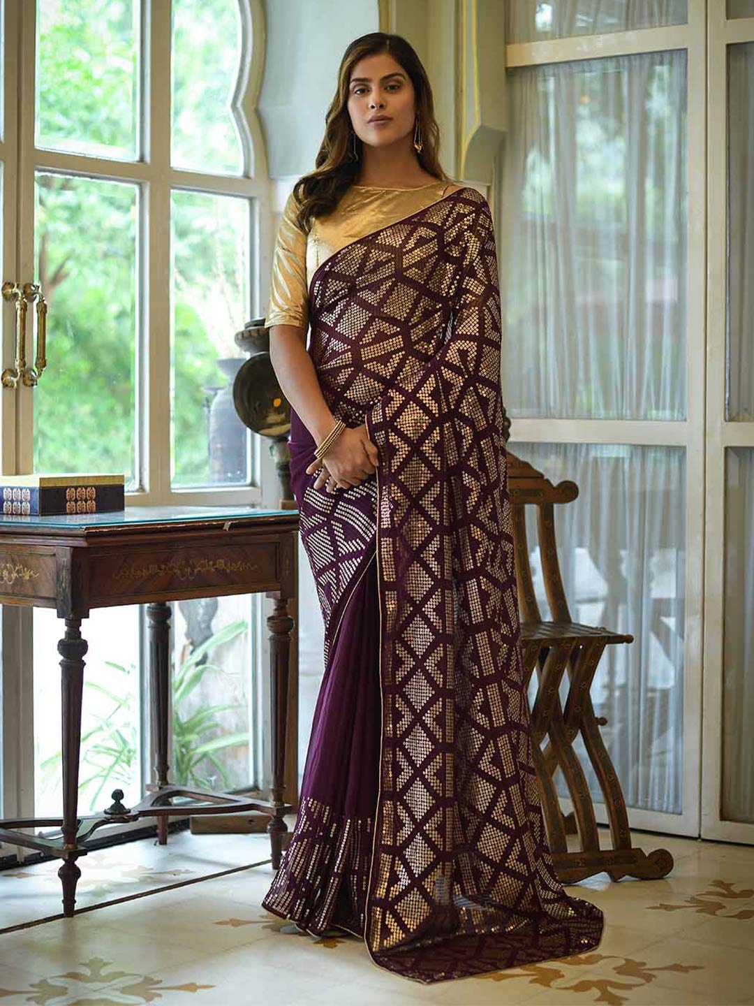 

Mitera Purple Embellished Sequinned Saree