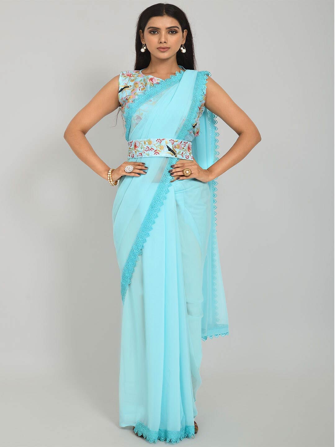 

Mitera Blue & Red Poly Georgette Saree