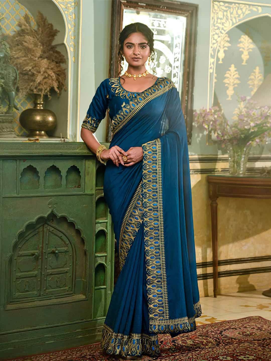 

Mitera Blue & Gold-Toned Embroidered Saree