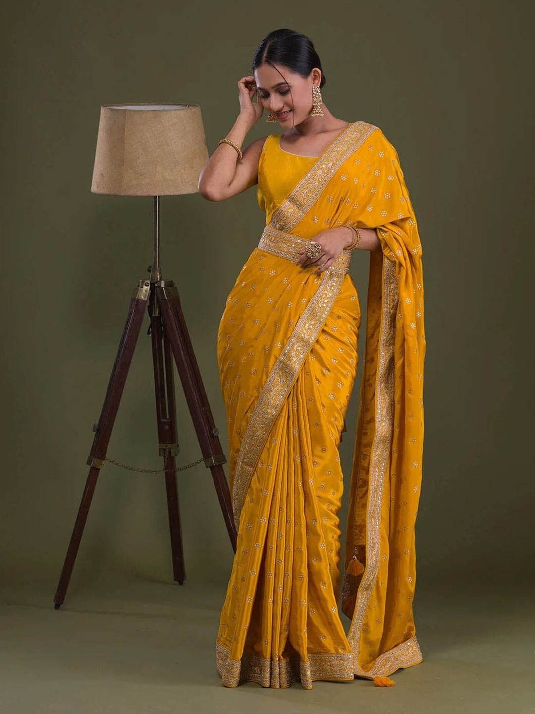 

Mitera Mustard & Gold-Toned Floral Embroidered Saree
